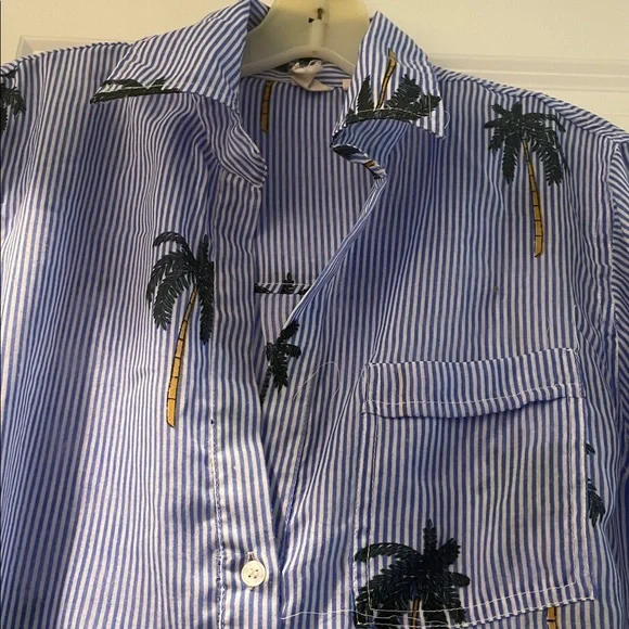 Violet Sky Overshirt Coverup Tunic Size S Blue White Stripes Tropical Vacation - Picture 7 of 13